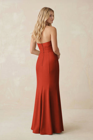 Strapless Ruched Sheath Satin Bridesmaid Dress With Slit in Spice - KISS BRIDAL Bridesmaid Dresses