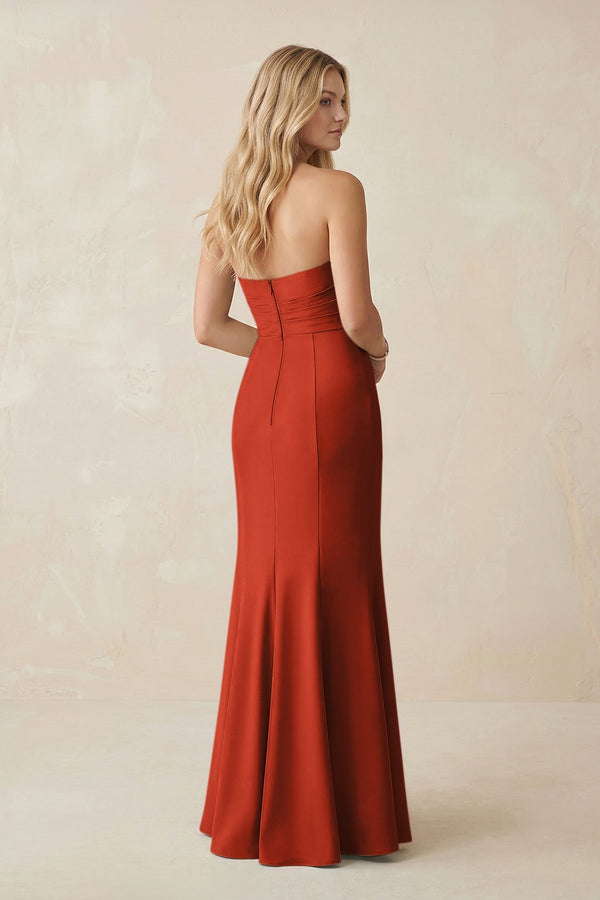 Strapless Ruched Sheath Satin Bridesmaid Dress With Slit in Spice - KISS BRIDAL Bridesmaid Dresses