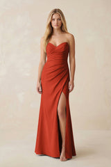 Strapless Ruched Sheath Satin Bridesmaid Dress With Slit in Spice - KISS BRIDAL Bridesmaid Dresses