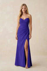 Strapless Ruched Sheath Satin Bridesmaid Dress With Slit in Tahiti - KISS BRIDAL Bridesmaid Dresses