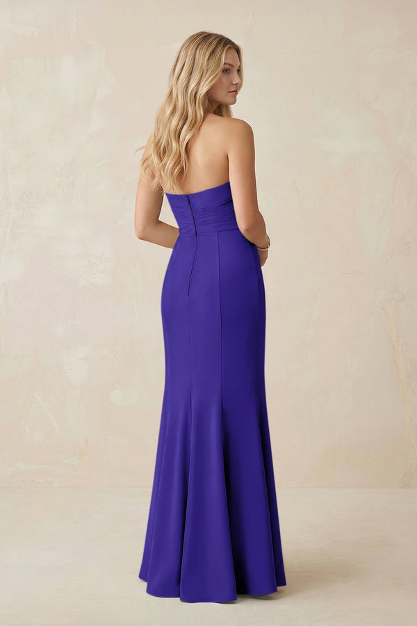 Strapless Ruched Sheath Satin Bridesmaid Dress With Slit in Tahiti - KISS BRIDAL Bridesmaid Dresses