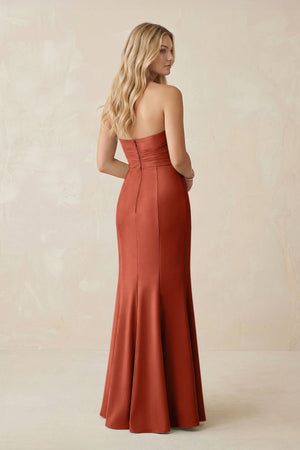 Strapless Ruched Sheath Satin Bridesmaid Dress With Slit in Terracotta - KISS BRIDAL Bridesmaid Dresses