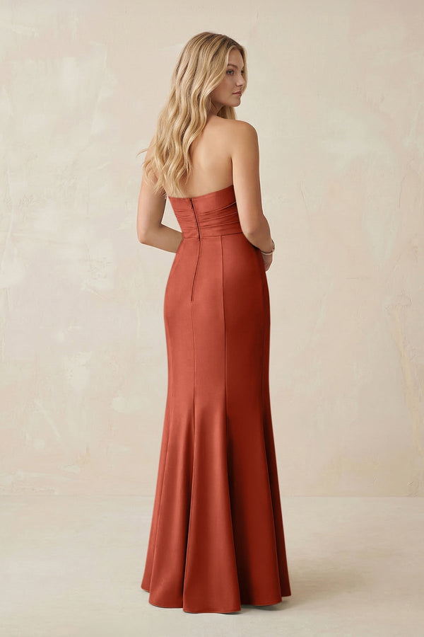 Strapless Ruched Sheath Satin Bridesmaid Dress With Slit in Terracotta - KISS BRIDAL Bridesmaid Dresses