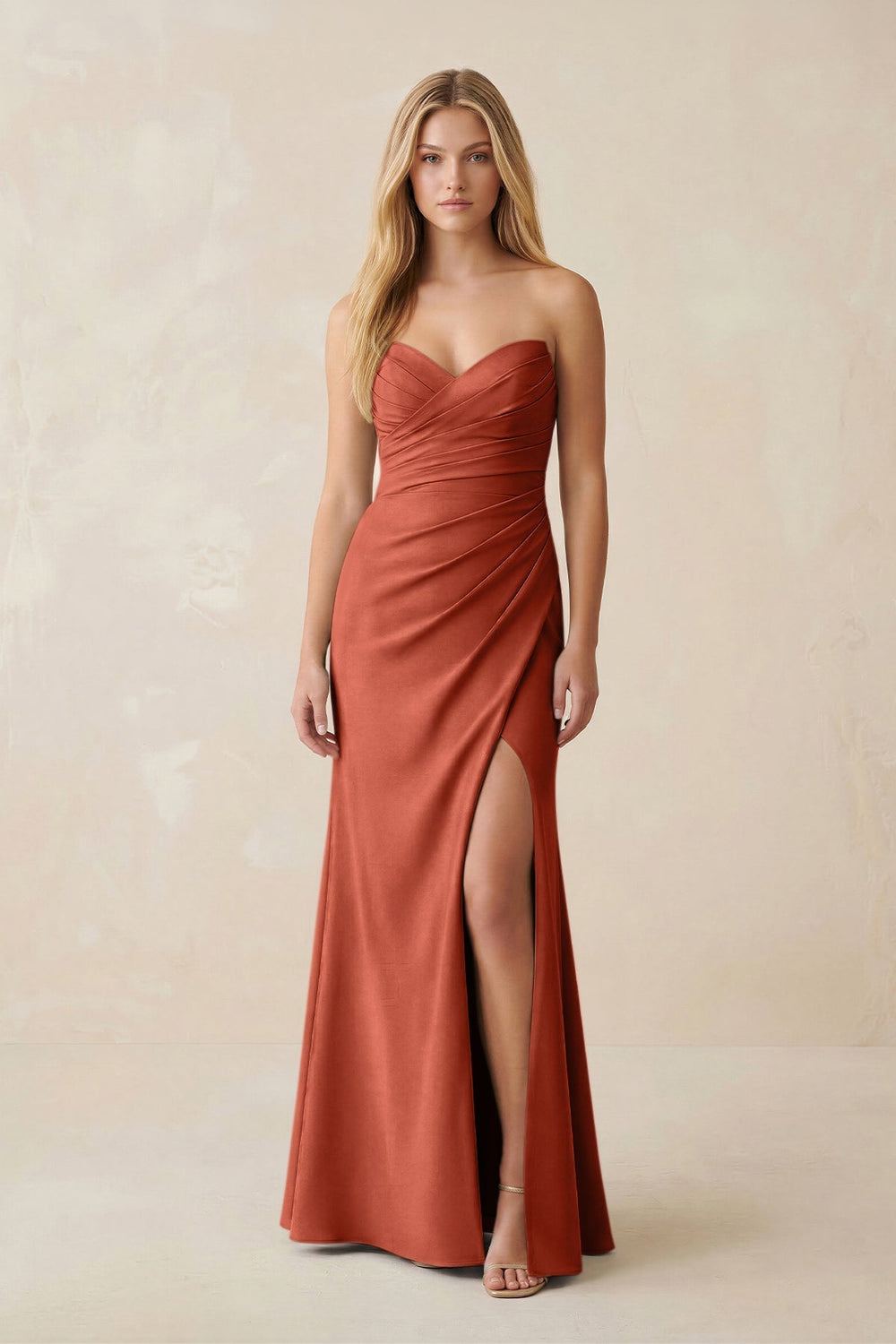 Strapless Ruched Sheath Satin Bridesmaid Dress With Slit in Terracotta - KISS BRIDAL Bridesmaid Dresses