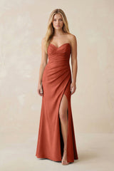 Strapless Ruched Sheath Satin Bridesmaid Dress With Slit in Terracotta - KISS BRIDAL Bridesmaid Dresses