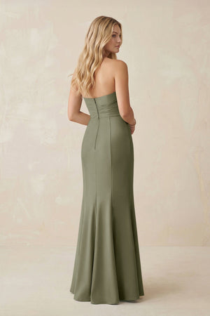 Strapless Ruched Sheath Satin Bridesmaid Dress With Slit in Thyme - KISS BRIDAL Bridesmaid Dresses