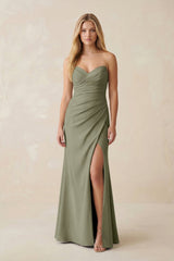 Strapless Ruched Sheath Satin Bridesmaid Dress With Slit in Thyme - KISS BRIDAL Bridesmaid Dresses