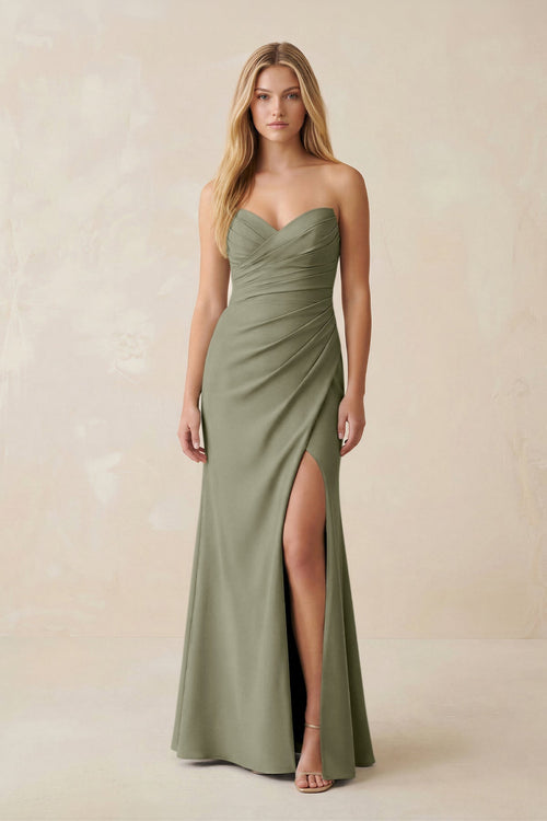 Strapless Ruched Sheath Satin Bridesmaid Dress With Slit in Thyme - KISS BRIDAL Bridesmaid Dresses