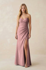 Strapless Ruched Sheath Satin Bridesmaid Dress With Slit in Toffee - KISS BRIDAL Bridesmaid Dresses