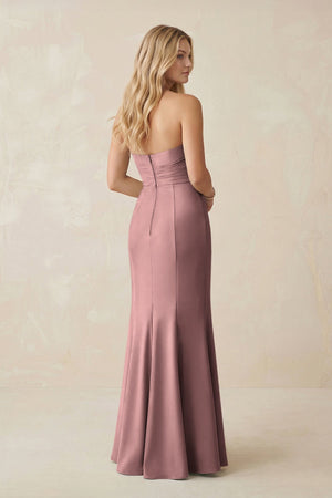 Strapless Ruched Sheath Satin Bridesmaid Dress With Slit in Toffee - KISS BRIDAL Bridesmaid Dresses