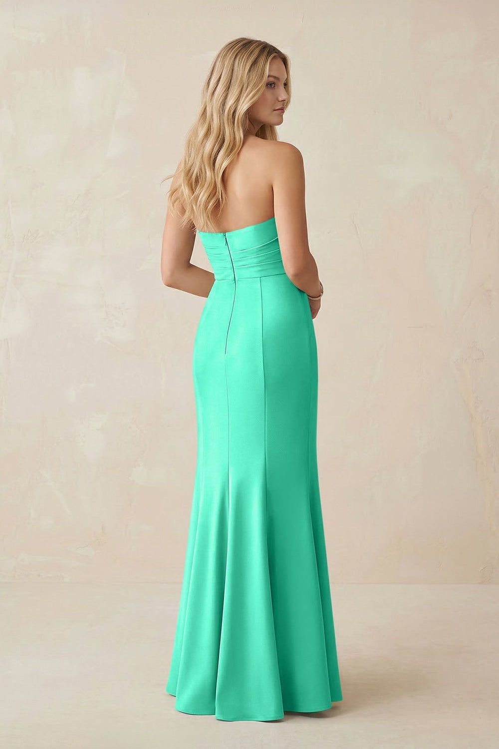 Strapless Ruched Sheath Satin Bridesmaid Dress With Slit in Turquoise - KISS BRIDAL Bridesmaid Dresses