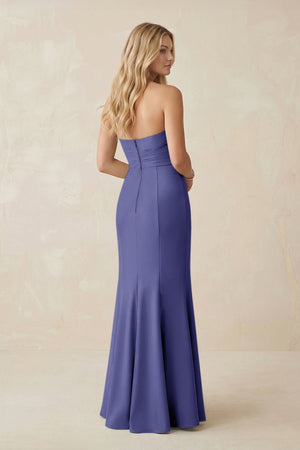 Strapless Ruched Sheath Satin Bridesmaid Dress With Slit in Twilight - KISS BRIDAL Bridesmaid Dresses