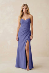Strapless Ruched Sheath Satin Bridesmaid Dress With Slit in Twilight - KISS BRIDAL Bridesmaid Dresses