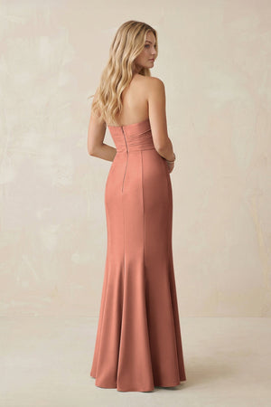 Strapless Ruched Sheath Satin Bridesmaid Dress With Slit in Wild Rose - KISS BRIDAL Bridesmaid Dresses