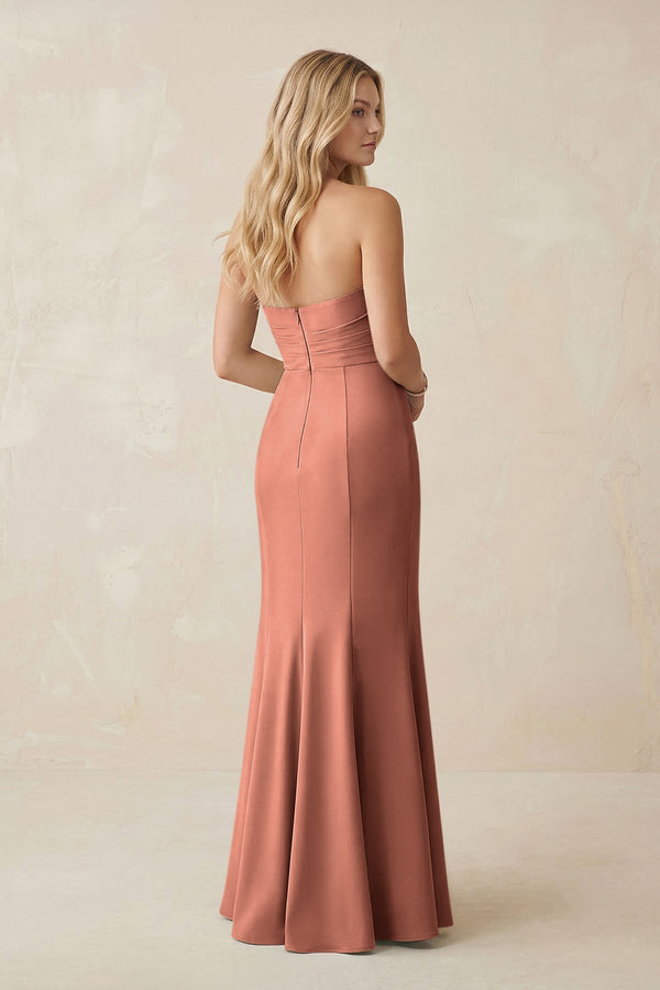 Strapless Ruched Sheath Satin Bridesmaid Dress With Slit in Wild Rose - KISS BRIDAL Bridesmaid Dresses