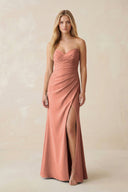 Strapless Ruched Sheath Satin Bridesmaid Dress With Slit in Wild Rose - KISS BRIDAL Bridesmaid Dresses