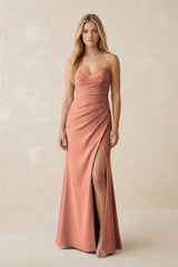 Strapless Ruched Sheath Satin Bridesmaid Dress With Slit in Wild Rose - KISS BRIDAL Bridesmaid Dresses