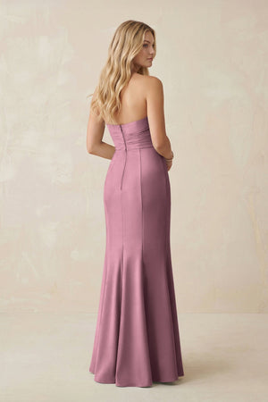 Strapless Ruched Sheath Satin Bridesmaid Dress With Slit in Wisteria - KISS BRIDAL Bridesmaid Dresses