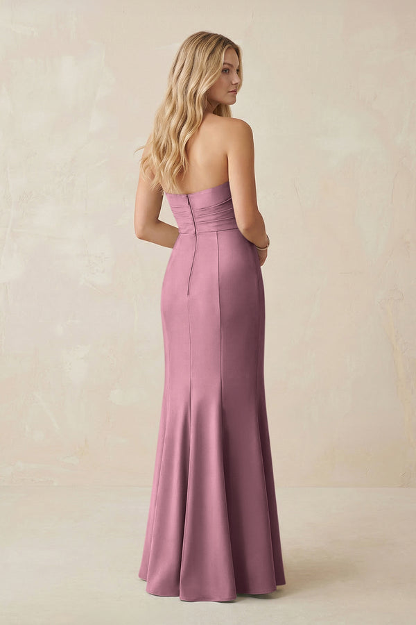 Strapless Ruched Sheath Satin Bridesmaid Dress With Slit in Wisteria - KISS BRIDAL Bridesmaid Dresses