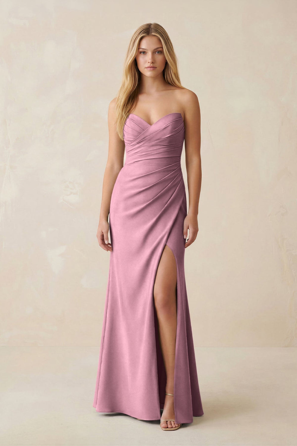 Strapless Ruched Sheath Satin Bridesmaid Dress With Slit in Wisteria - KISS BRIDAL Bridesmaid Dresses