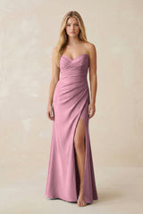 Strapless Ruched Sheath Satin Bridesmaid Dress With Slit in Wisteria - KISS BRIDAL Bridesmaid Dresses