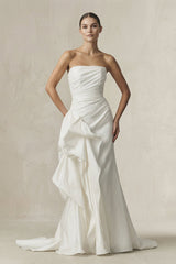 Strapless Ruffled Mermaid Satin Wedding Dress in White - KISS BRIDAL Wedding Dresses