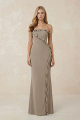 Strapless Ruffled Sheath Bridesmaid Dress in Almond - KISS BRIDAL Bridesmaid Dresses