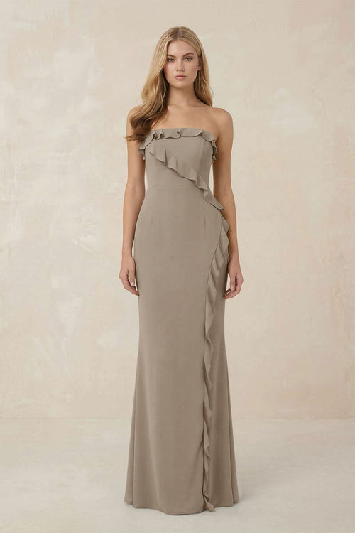 Strapless Ruffled Sheath Bridesmaid Dress in Almond - KISS BRIDAL Bridesmaid Dresses
