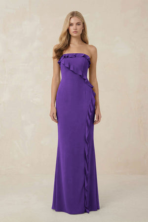 Strapless Ruffled Sheath Bridesmaid Dress in Amethyst - KISS BRIDAL Bridesmaid Dresses