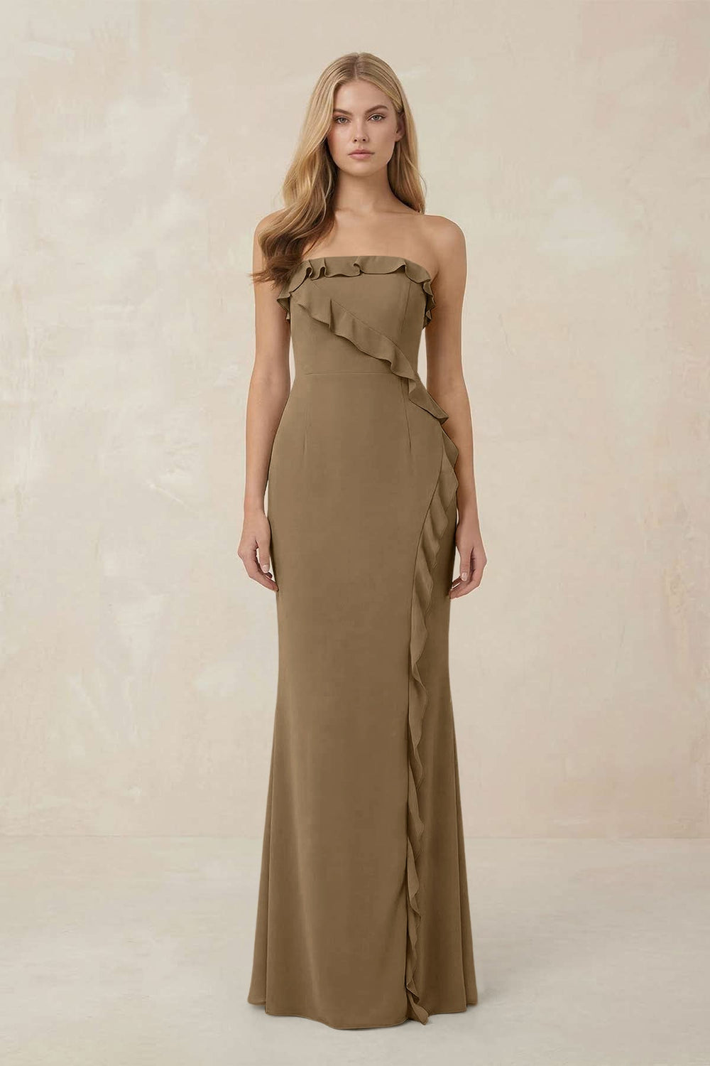 Strapless Ruffled Sheath Bridesmaid Dress in Apple Cinnamon - KISS BRIDAL Bridesmaid Dresses