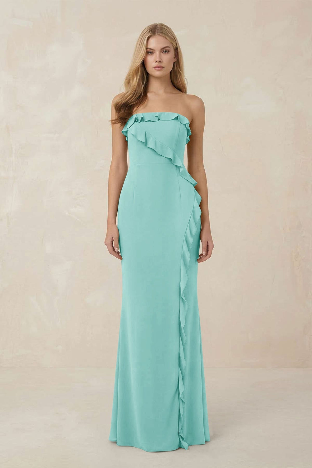 Strapless Ruffled Sheath Bridesmaid Dress in Aqua - KISS BRIDAL Bridesmaid Dresses