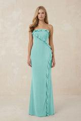 Strapless Ruffled Sheath Bridesmaid Dress in Aqua - KISS BRIDAL Bridesmaid Dresses