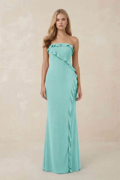 Strapless Ruffled Sheath Bridesmaid Dress in Aqua - KISS BRIDAL Bridesmaid Dresses