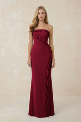 Strapless Ruffled Sheath Bridesmaid Dress in Berry - KISS BRIDAL Bridesmaid Dresses