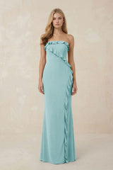 Strapless Ruffled Sheath Bridesmaid Dress in Bleached Aqua - KISS BRIDAL Bridesmaid Dresses