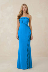 Strapless Ruffled Sheath Bridesmaid Dress in Blue Jay - KISS BRIDAL Bridesmaid Dresses