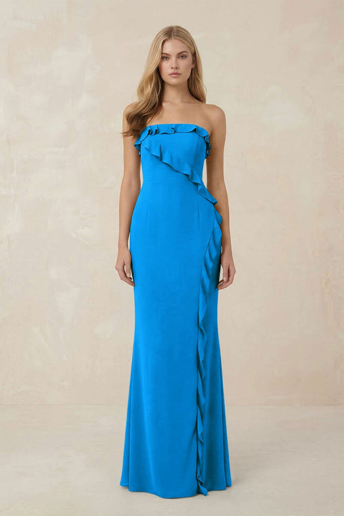 Strapless Ruffled Sheath Bridesmaid Dress in Blue Jay - KISS BRIDAL Bridesmaid Dresses