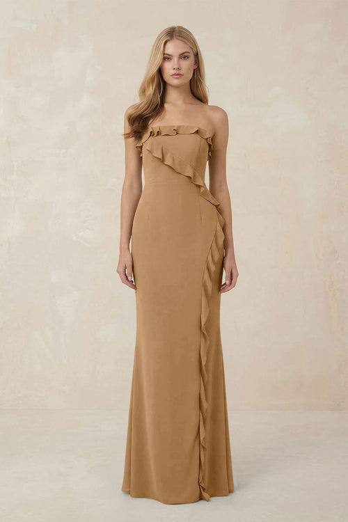 Strapless Ruffled Sheath Bridesmaid Dress in Bronzer - KISS BRIDAL Bridesmaid Dresses