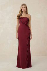 Strapless Ruffled Sheath Bridesmaid Dress in Burgundy - KISS BRIDAL Bridesmaid Dresses