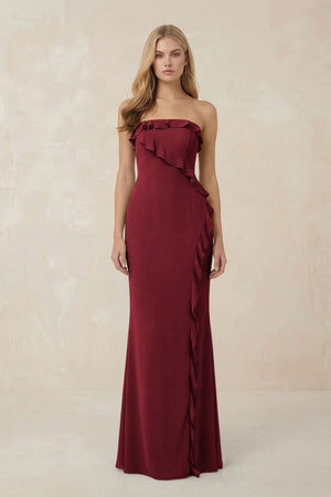 Strapless Ruffled Sheath Bridesmaid Dress in Burgundy - KISS BRIDAL Bridesmaid Dresses
