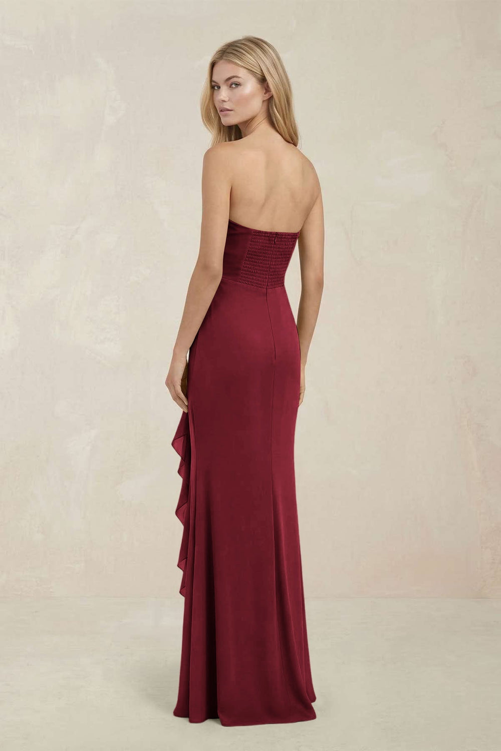 Strapless Ruffled Sheath Bridesmaid Dress in Burgundy - KISS BRIDAL Bridesmaid Dresses