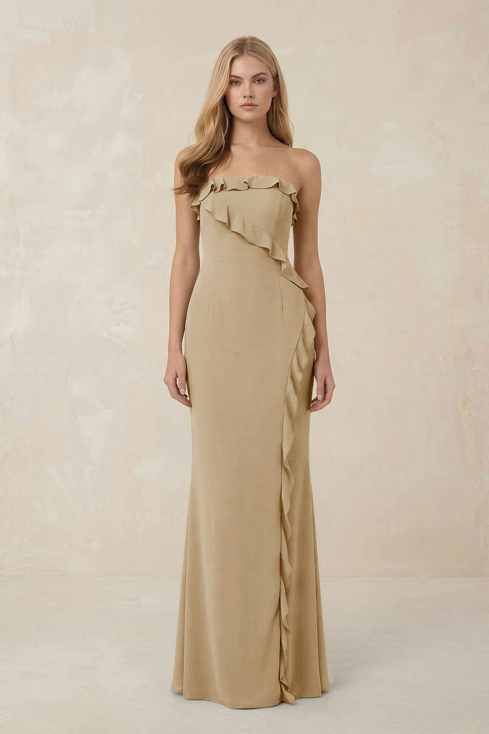 Strapless Ruffled Sheath Bridesmaid Dress in Champagne - KISS BRIDAL Bridesmaid Dresses