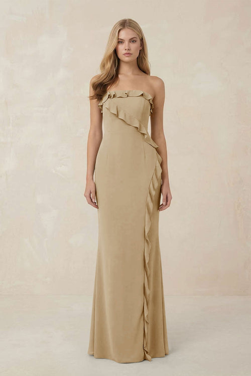 Strapless Ruffled Sheath Bridesmaid Dress in Champagne - KISS BRIDAL Bridesmaid Dresses