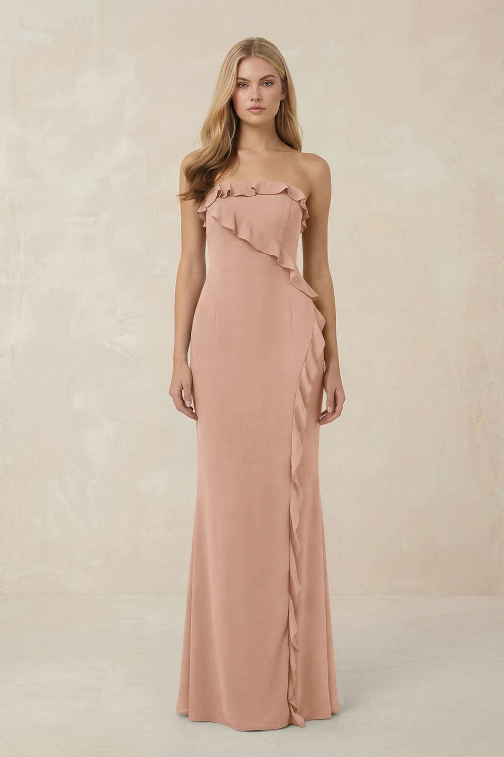 Strapless Ruffled Sheath Bridesmaid Dress in Champagne Rose - KISS BRIDAL Bridesmaid Dresses