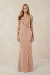 Strapless Ruffled Sheath Bridesmaid Dress in Champagne Rose - KISS BRIDAL Bridesmaid Dresses