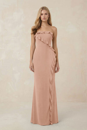 Strapless Ruffled Sheath Bridesmaid Dress in Champagne Rose - KISS BRIDAL Bridesmaid Dresses