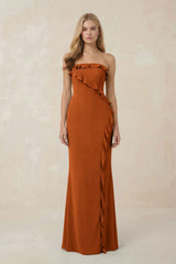 Strapless Ruffled Sheath Bridesmaid Dress in Cinnamon - KISS BRIDAL Bridesmaid Dresses