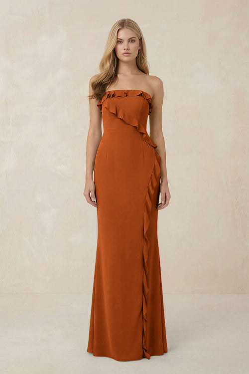 Strapless Ruffled Sheath Bridesmaid Dress in Cinnamon - KISS BRIDAL Bridesmaid Dresses