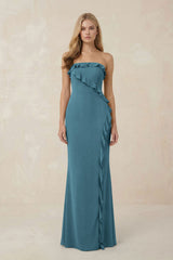 Strapless Ruffled Sheath Bridesmaid Dress in Dark Teal - KISS BRIDAL Bridesmaid Dresses