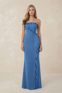 Strapless Ruffled Sheath Bridesmaid Dress in Dusty Blue - KISS BRIDAL Bridesmaid Dresses
